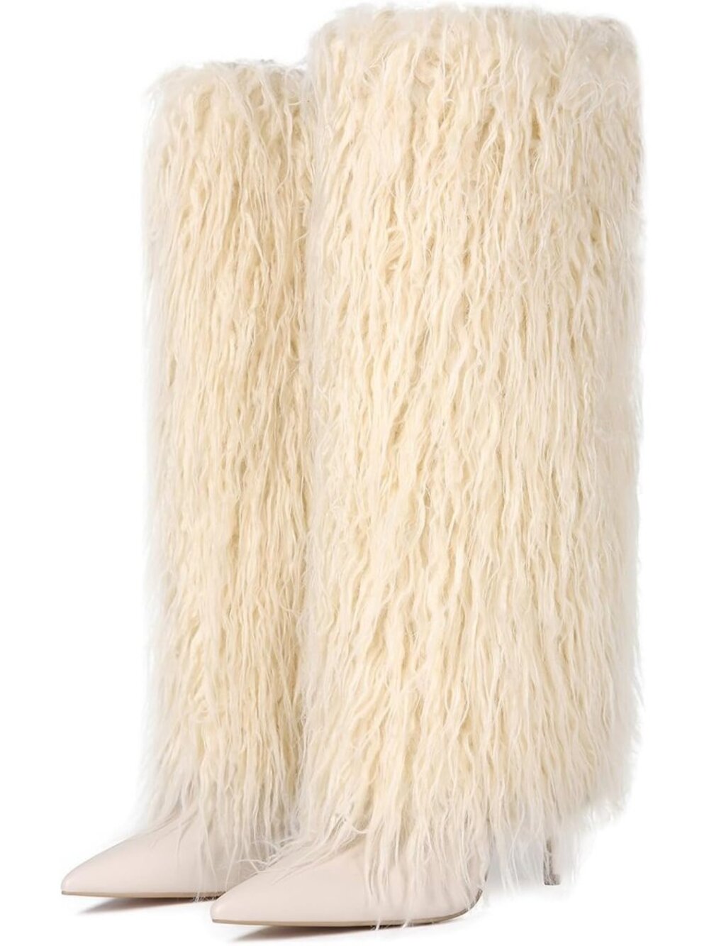 Women’s Beige Faux Fur Knee High Boots Stiletto Heel Pointed Toe Fringe Party